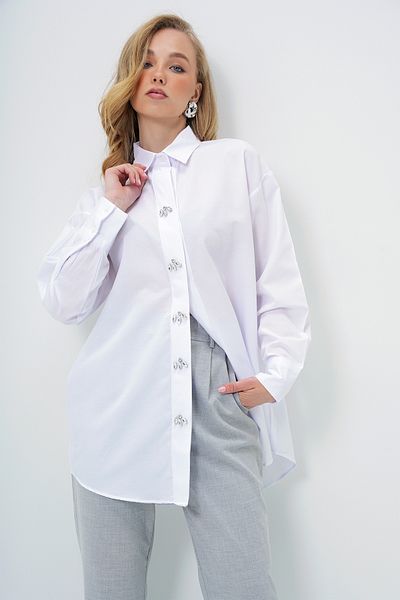 Trend Alaçatı Stili Women's White Stone Buttoned Oversize Poplin Shirt Alc-X13934