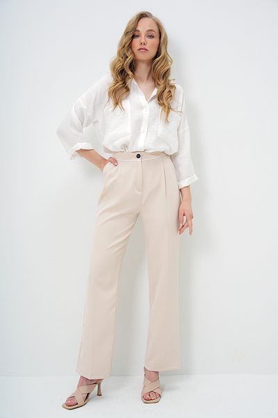 Trend Alaçatı Stili Women's Beige Double Pocket Piping Detailed Pleated Palazzo Woven Trousers Alc-X13925