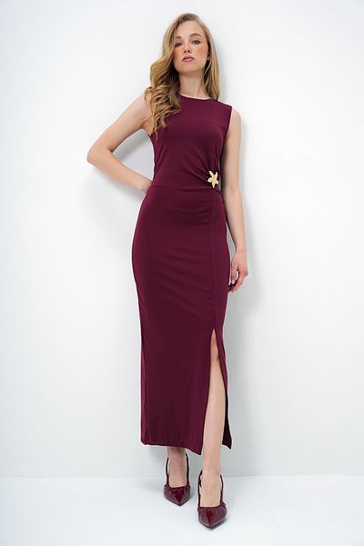 Trend Alaçatı Stili Women's Burgundy Crew Neck Waist Shirred Metal Accessory Sleeveless Dress Alc-X13931