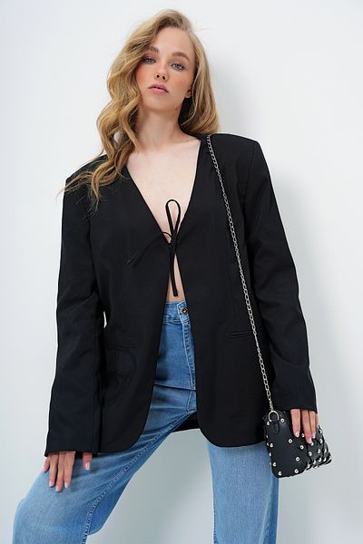 Trend Alaçatı Stili Women's Black V-Neck Tie Lined Blazer Jacket Alc-X13973