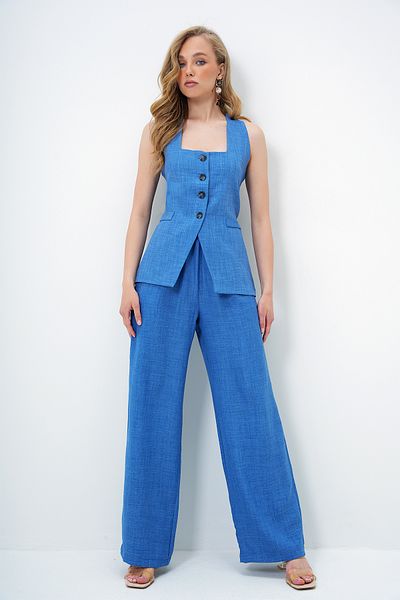 Trend Alaçatı Stili Women's Blue Square Collar Lined Inside Woven Linen Vest and Double Pockets Palazzo Pants Suit Alc-X13910