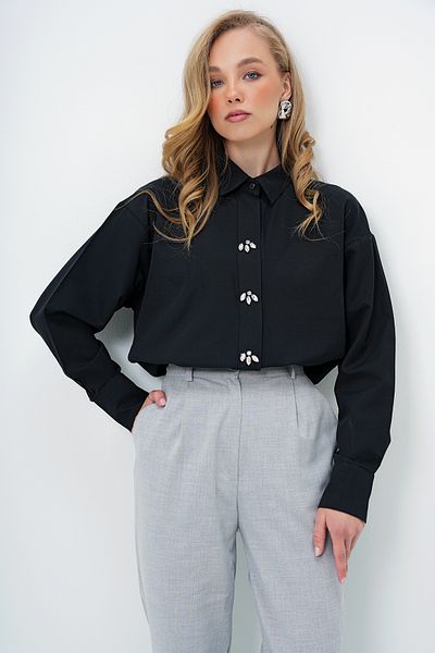 Trend Alaçatı Stili Women's Black Stone Buttoned Oversize Poplin Shirt Alc-X13934