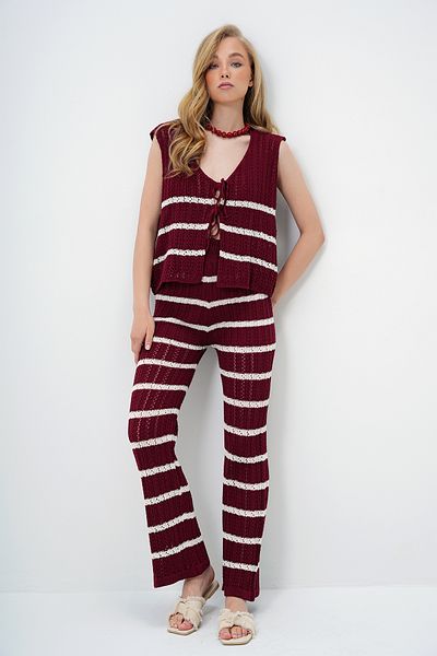 Trend Alaçatı Stili Women's Burgundy Hole Openwork Striped Tie-Up Knitwear Vest and Palazzo Pants Set Alc-X13939