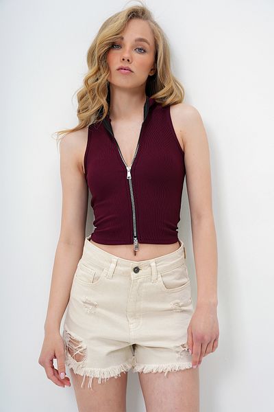 Trend Alaçatı Stili Women's Burgundy Stand Collar Zippered Ottoban Crop Blouse Alc-X13914