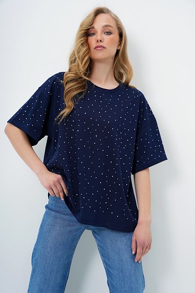 Trend Alaçatı Stili Women's Navy Blue Crew Neck Stone Embroidered Basic T-Shirt Alc-X13901