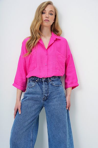 Trend Alaçatı Stili Koszula damska oversize z podwójną kieszenią w kolorze fuksji ALC-X13960