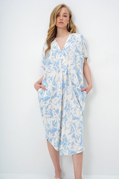 Trend Alaçatı Stili Women's Baby Blue V-Neck Patterned Summer Maxi Length Woven Dress Alc-X14087