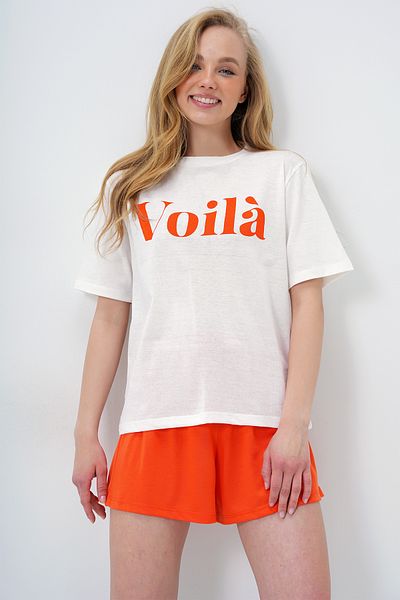 Trend Alaçatı Stili Women's Orange Front Text Printed Cotton Basic T-Shirt and Shorts Combed Cotton Bottom Top Set Pjm-X13902