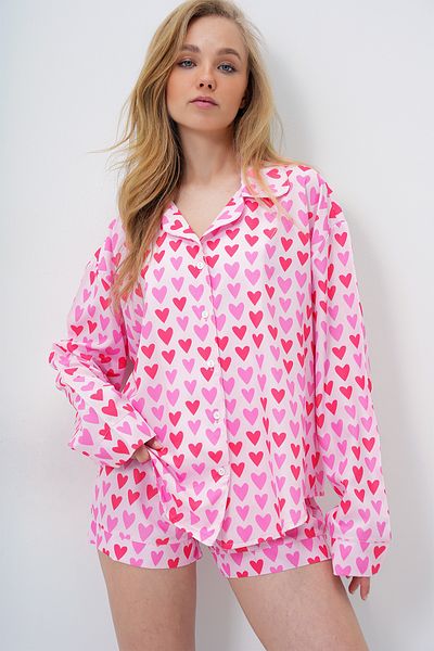 Trend Alaçatı Stili Women's Pink-Red Double Cuff and Leg Detail Woven Shirt and Shorts Pajama Set Pjm-X13919