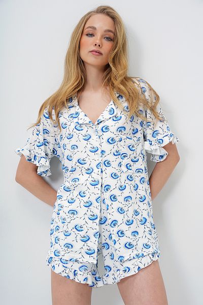 Trend Alaçatı Stili Set pijama din bumbac, albastru crin, cu un singur buzunar, cu mâneci și picior cu volane PJM-X13896