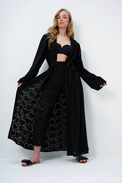 Trend Alaçatı Stili Mattschwarzer, selbststrukturierter, durchbrochener Kimono-Anzug mit langen Hosen für Damen ALC-X11710