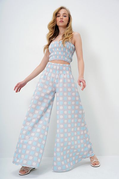 Trend Alaçatı Stili Women's Baby Blue Waist Gimped Wide Leg Pants and Gimped Crop Bustier Set Alc-X14058