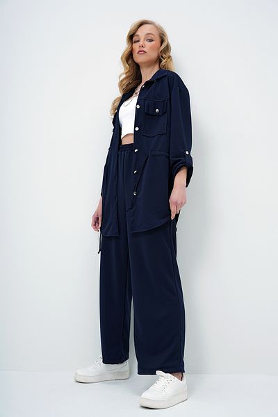 Trend Alaçatı Stili Navy Blue Double Pocket Safari Jacket and Crepe Bottom Top Set with Elastic Waist Wide Leg Pants Alc-X14086