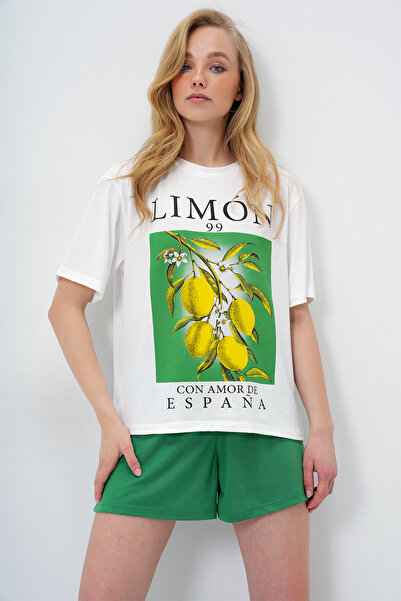 Trend Alaçatı Stili Women's Green Lemon Printed Cotton Basic T-Shirt and Shorts Pajama Set Pjm-X13903