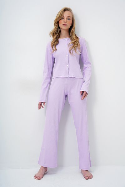 Trend Alaçatı Stili Women's Lilac Crew Neck Buttoned Front Long Sleeve Blouse and Pants Set Alc-X14112