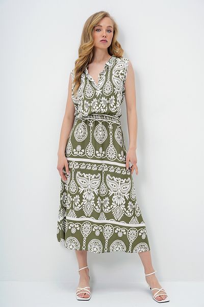Trend Alaçatı Stili Women's Ecru Green Judge Collar Front Buttoned Zero Sleeve Woven Summer Dress Alc-X14088