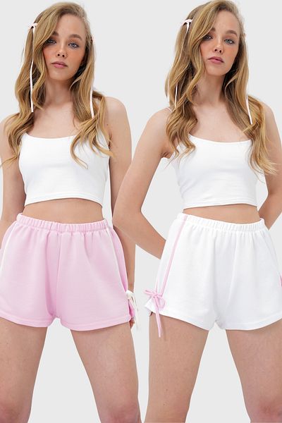 Trend Alaçatı Stili Women's Pink-White 2-Piece Contrast Bias Binding Detailed Shorts Alc-X14091