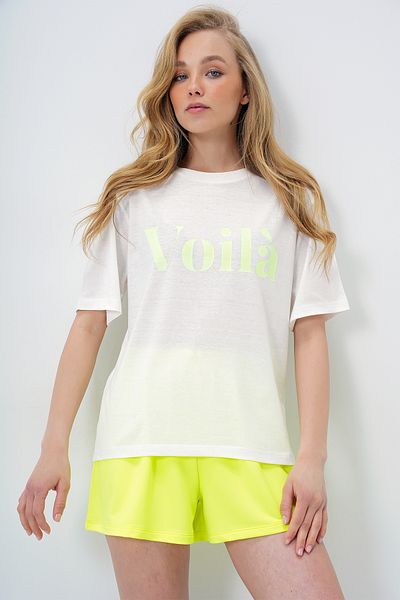 Trend Alaçatı Stili Women's Lemon Yellow Front Text Printed Cotton Basic T-Shirt and Shorts Combed Cotton Bottom Top Set Pjm-X13902