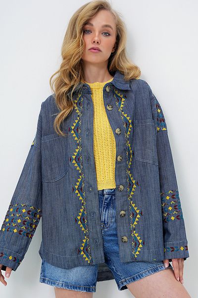 Trend Alaçatı Stili Women's Navy Blue Embroidered Gabardine Oversize Shirt Jacket Alc-X11141