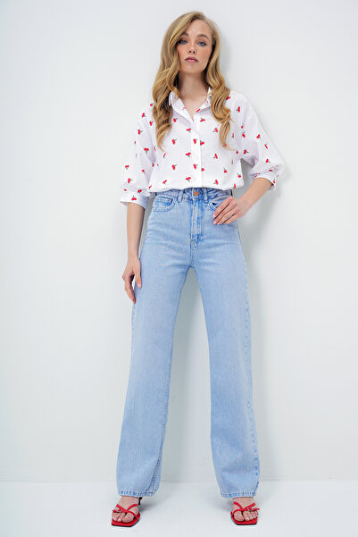 Trend Alaçatı Stili Női világoskék magas derekú Palazzo Jean nadrág ALC-X13307