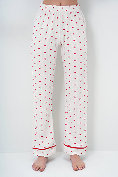 Trend Alaçatı Stili Mini Kalp Kırmızı Tek Cepli Biye Detaylı Pamuklu Gömlek Ve Pantolonlu Pijama Takımı PJM-X13898