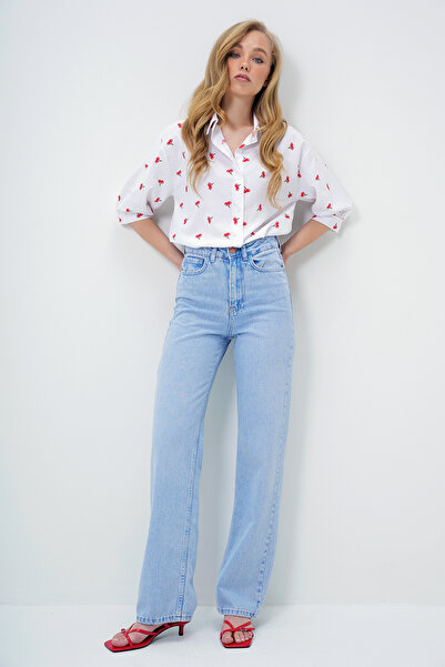 Trend Alaçatı Stili Női világoskék magas derekú Palazzo Jean nadrág ALC-X13307