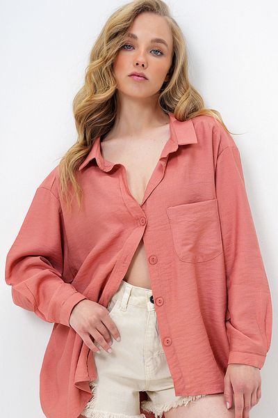 Trend Alaçatı Stili Women's Tile Single Pocket Linen Blended Oversize Shirt Alc-X13964