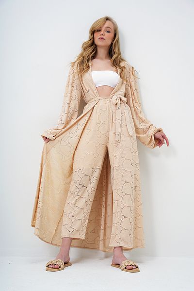 Trend Alaçatı Stili Women's Beige Self Textured Openwork Long Pants Kimono Suit Alc-X11710