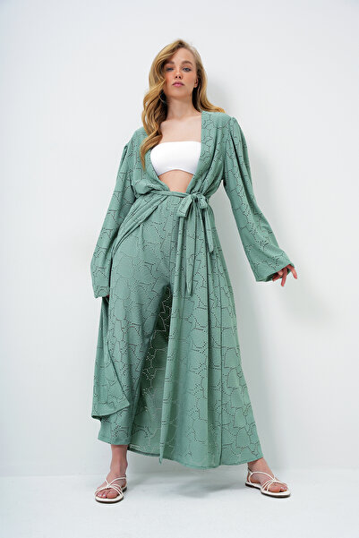 Trend Alaçatı Stili Mintgrüner, selbststrukturierter, durchbrochener Kimono-Anzug mit langen Hosen für Damen ALC-X11710