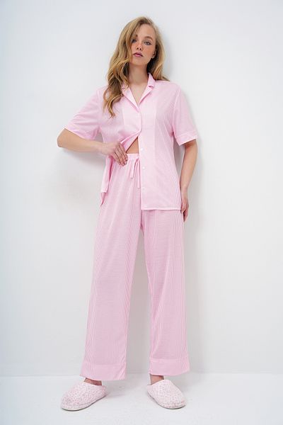 Trend Alaçatı Stili Women's Pink Double Sleeve and Leg Detailed Striped Shirt and Pants Pajama Set Pjm-X13918