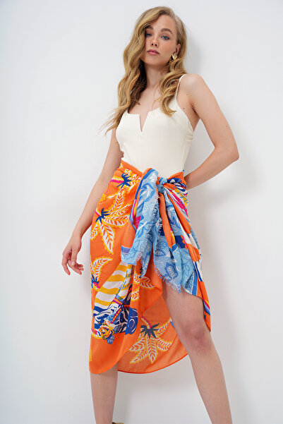 Trend Alaçatı Stili Women's Orange Patterned Pareo Shawl Alc-X14150