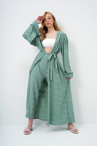 Trend Alaçatı Stili Women's Mint Green Self Textured Openwork Long Pants Kimono Suit Alc-X11710