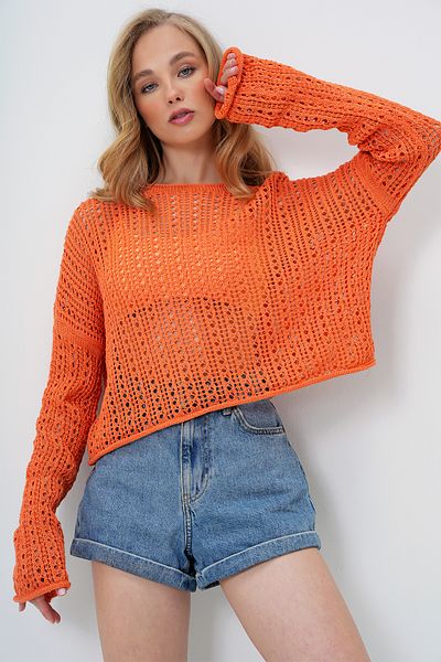 Trend Alaçatı Stili Orangefarbene Damen-Sommerbluse mit U-Boot-Ausschnitt und durchbrochenem Strickmuster ALC-X13999