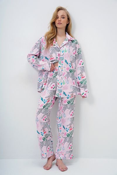 Trend Alaçatı Stili Women's Powder Piping Detailed Digital Printed Satin Long Shirt and Pants Pajama Set Pjm-X13913