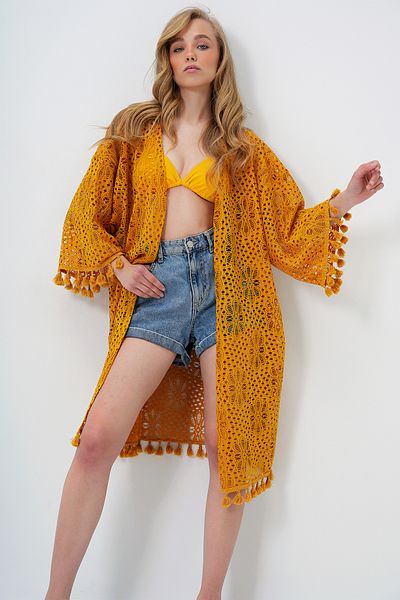 Trend Alaçatı Stili Senfgelber, durchbrochener Kimono mit Quasten für Damen ALC-X14140