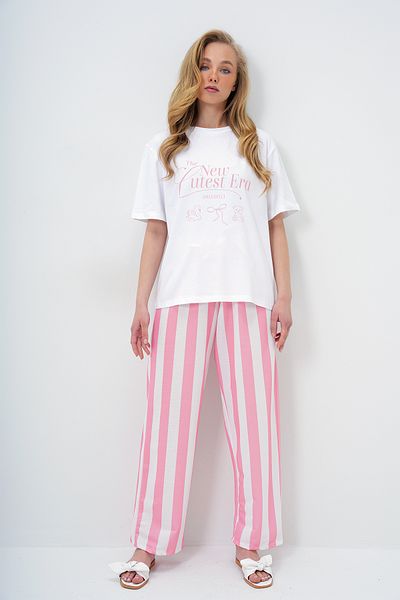 Trend Alaçatı Stili Women's Pink-White Text Printed Basic T-Shirt and Striped Pants Knitted Pajamas Set Pjm-X13920