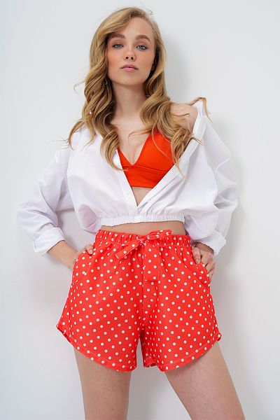 Trend Alaçatı Stili Women's Orange Double Pocket Polka Dot Patterned Self-Tie Beach Shorts Alc-X14136
