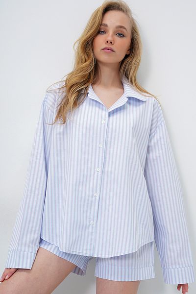 Trend Alaçatı Stili Women's Pink Blue Double Cuff and Leg Detailed Woven Shirt and Shorts Pajama Set Pjm-X13919