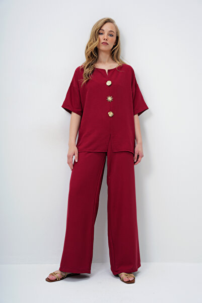Trend Alaçatı Stili Női bordó V nyakú fém arany gomb részletes aerobin blúz és nadrág alsó felső szett ALC-X14122