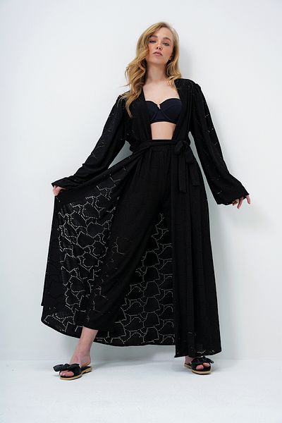 Trend Alaçatı Stili Women's Matte Black Self Textured Openwork Long Pants Kimono Suit Alc-X11710