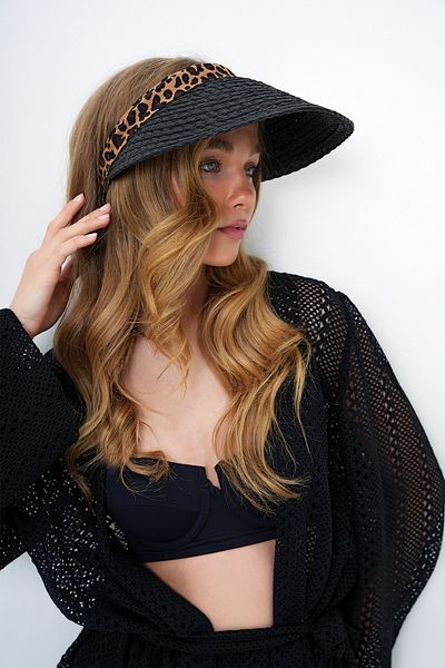 Trend Alaçatı Stili Women's Black Leopard Patterned Straw Brim Visor Hat Alc-X14164