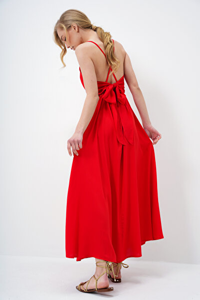 Trend Alaçatı Stili Women's Red Rope Strap Back Tie Detailed Maxi Length Summer Dress Alc-X13471