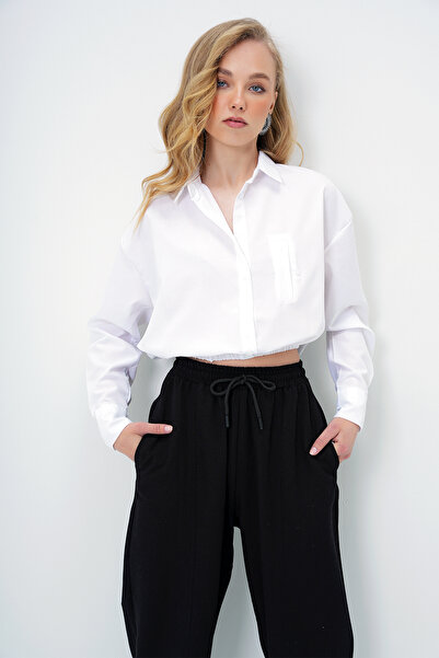 Trend Alaçatı Stili Women's White Wide Cuff Elastic Waist Crop Poplin Shirt Alc-X13963