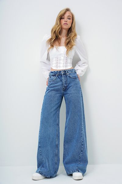 Trend Alaçatı Stili Blaue Damen-Jeans mit hoher Taille, Vintage-Waschung, Buggy-Schnitt, ALC-X13952