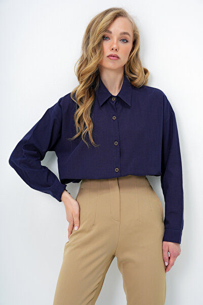 Trend Alaçatı Stili Női sötétkék oversize vászoning ALC-X10343