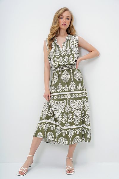 Trend Alaçatı Stili Women's Ecru Green Judge Collar Front Buttoned Zero Sleeve Woven Summer Dress Alc-X14088