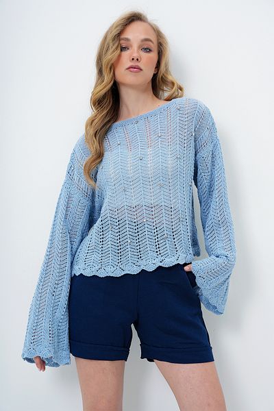 Trend Alaçatı Stili Blaue Damen-Strickbluse mit U-Boot-Ausschnitt und durchbrochenem, mit Steinen besticktem Sommer-Strickbluse ALC-X14065