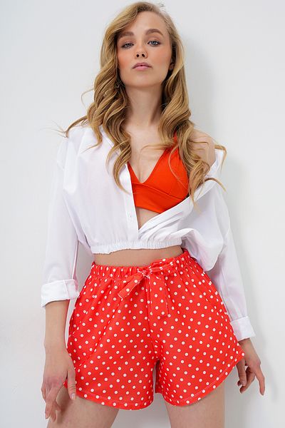 Trend Alaçatı Stili Women's Orange Double Pocket Polka Dot Patterned Self-Tie Beach Shorts Alc-X14136