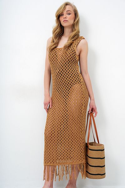 Trend Alaçatı Stili Women's Biscuit Strap Hole Openwork Skirt Tassel Knitwear Dress Alc-X13997