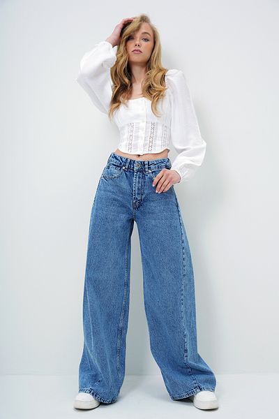Trend Alaçatı Stili Blaue Damen-Jeans mit hoher Taille, Vintage-Waschung, Buggy-Schnitt, ALC-X13952